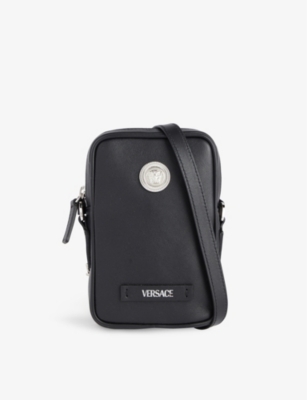 Versace Mens Black Palladium Medusa Leather Phone Pouch