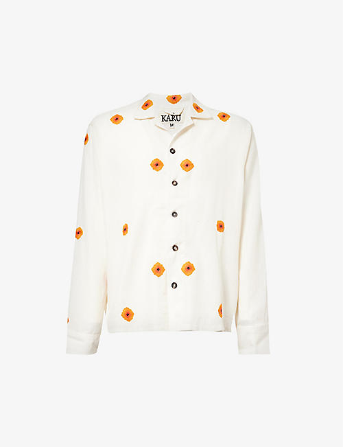 KARTIK RESEARCH: Marigold floral-embroidered regular-fit cotton shirt