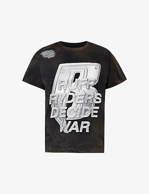 WHO DECIDES WAR BY EV BRAVADO: Ruff Ryders distressed-trim regular-fit cotton-jersey T-shirt