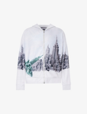 WHO DECIDES WAR BY EV BRAVADO: Angel City graphic-print zip-up woven hoody