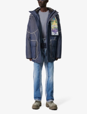 Shop Who Decides War By Ev Bravado Mens Denim Brand-embroidered Padded Denim Jacket In Blue