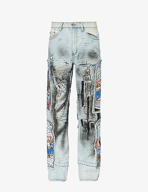 WHO DECIDES WAR BY EV BRAVADO: Hit brand-embroidered regular-fit straight-leg jeans