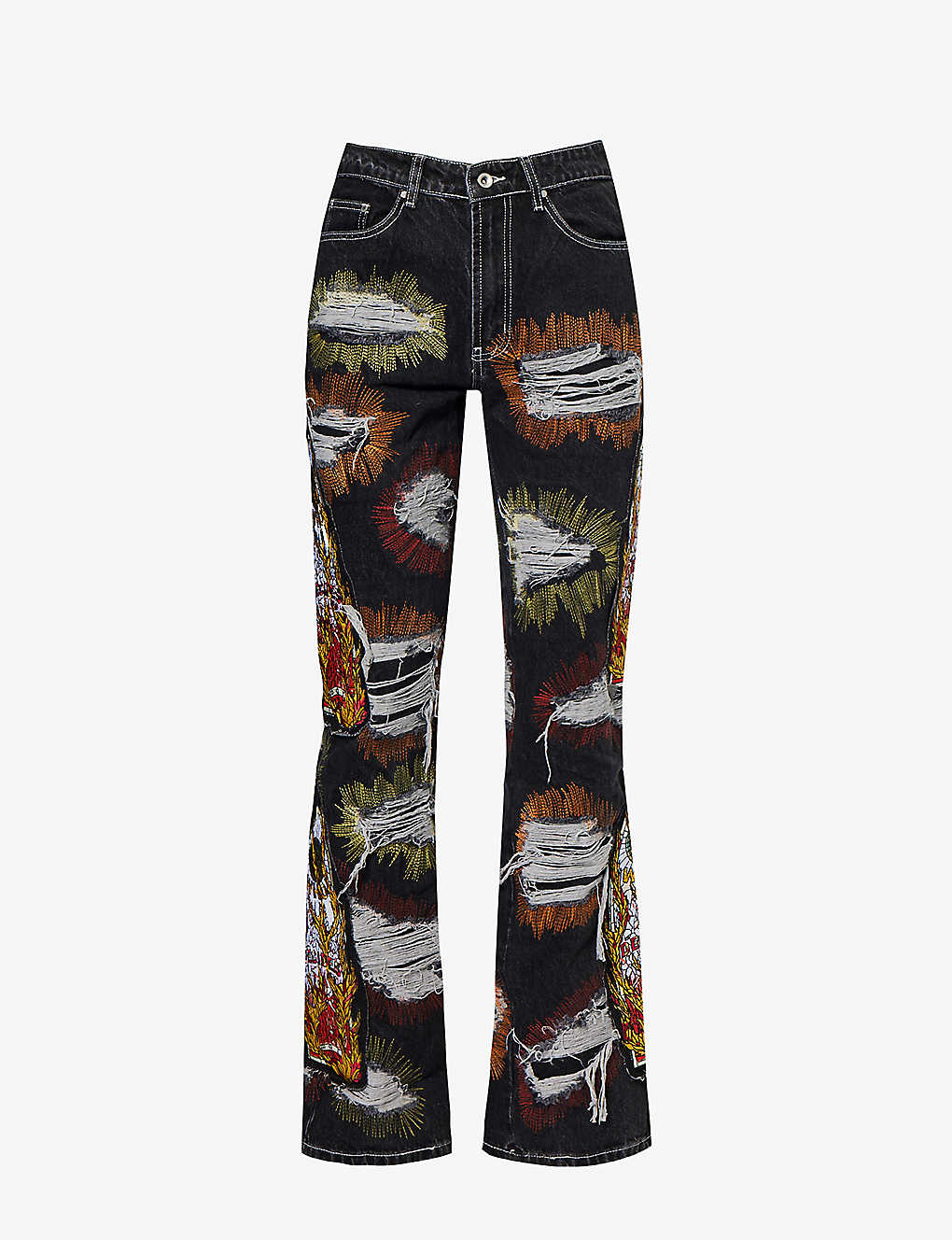 Shop Who Decides War By Ev Bravado Faded-wash Graphic-print Regular-fit Straight-leg Jeans In Multi