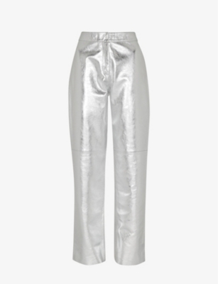 Whistles Womens Silver Cosmo Straight-leg High-rise Metallic-leather Trousers