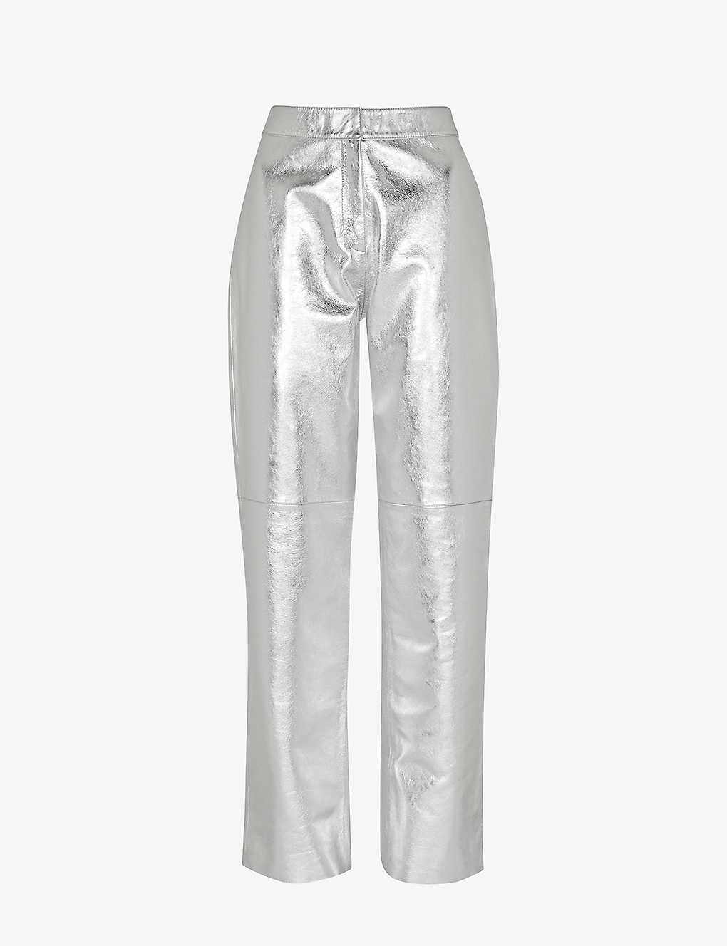 Whistles Womens Silver Cosmo Straight-leg High-rise Metallic-leather Trousers