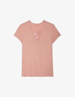 ZADIG & VOLTAIRE ZADIG&VOLTAIRE WOMENS TEA ROSE STORY V-NECK FISHNET-PATTERN ORGANIC-COTTON T-SHIRT