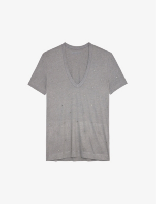 Shop Zadig & Voltaire Zadig&voltaire Women's Gris Moyen Wassa Diamante-embellished Short-sleeve Woven T-shirt