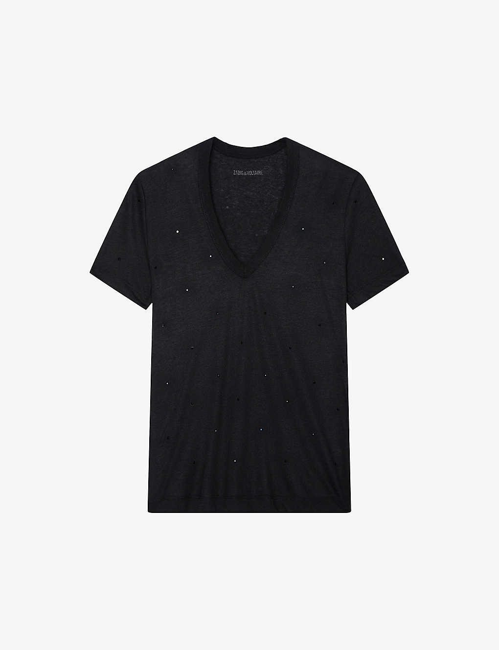 Shop Zadig & Voltaire Zadig&voltaire Women's Noir Wassa Diamante-embellished Short-sleeve Woven T-shirt In Black