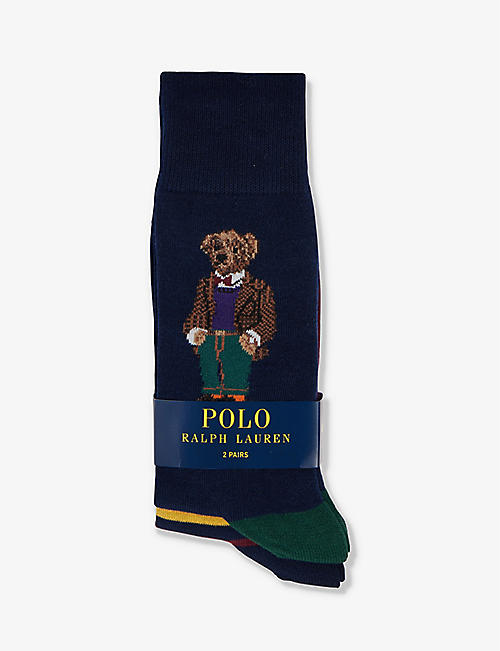 POLO RALPH LAUREN: Brand-embroidered stripe pack of two stretch-cotton-blend socks