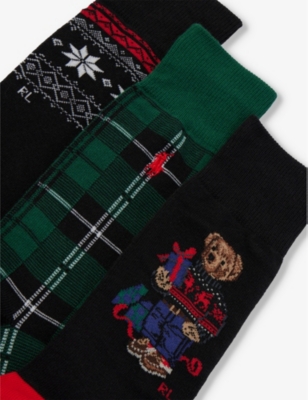 Shop Polo Ralph Lauren Mens Hol Bear/tartan/fairisle Logo-embroidered Cotton-blend Knitted Socks Pack Of