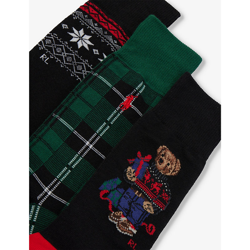 Shop Polo Ralph Lauren Mens Hol Bear/tartan/fairisle Logo-embroidered Cotton-blend Knitted Socks Pack Of