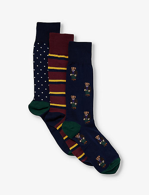 POLO RALPH LAUREN: Graphic-print cotton-blend knitted socks pack of three
