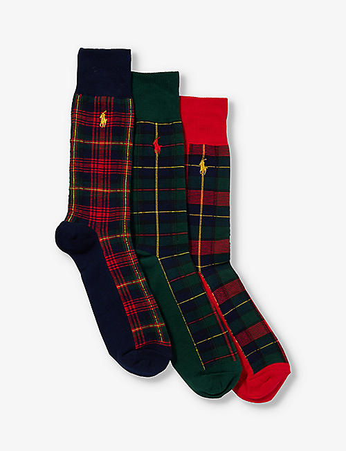 POLO RALPH LAUREN: Check-print cotton-blend knitted socks pack of three