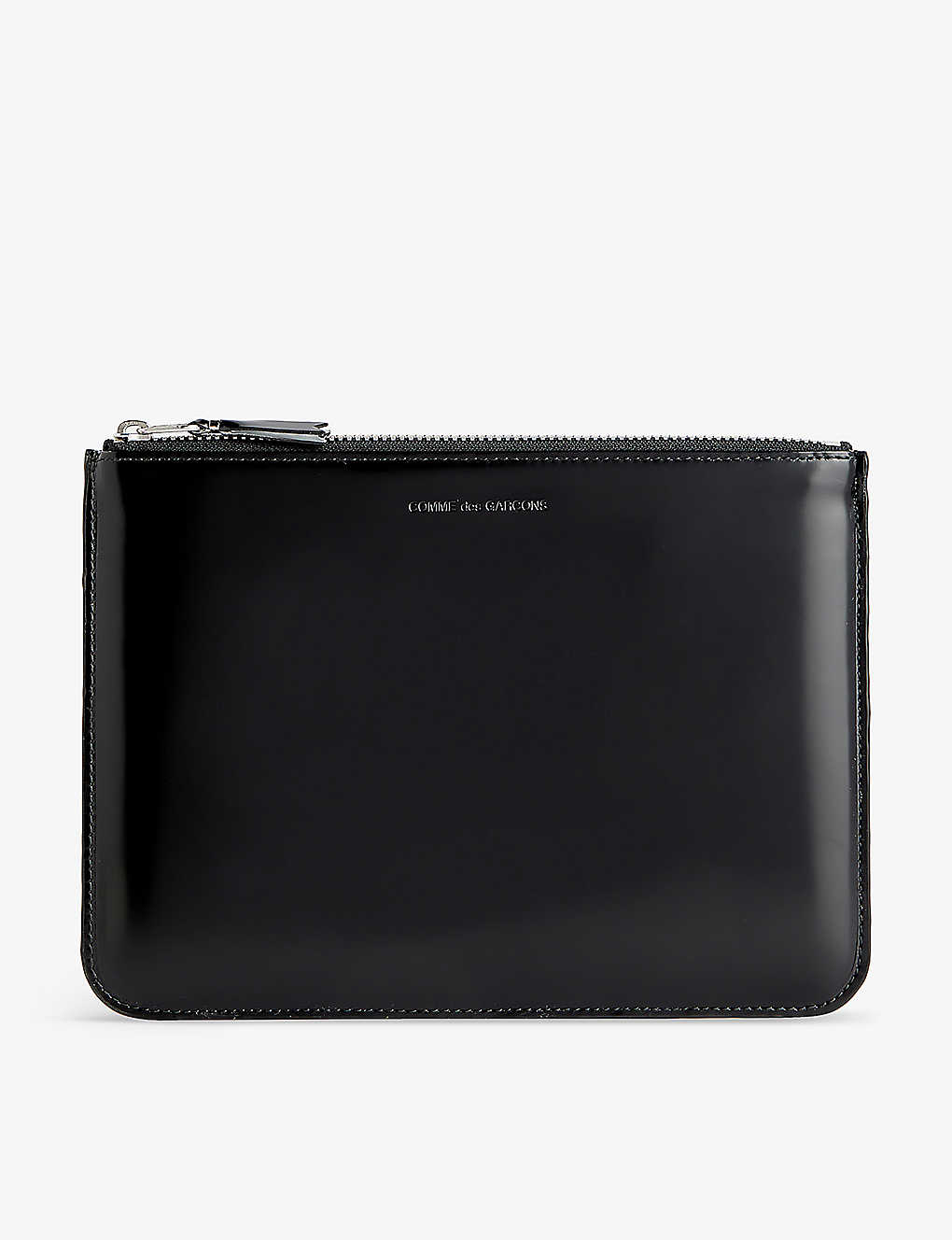 Comme Des Garçons Brand-embossed Rectangular Leather Pouch In Black / Silver