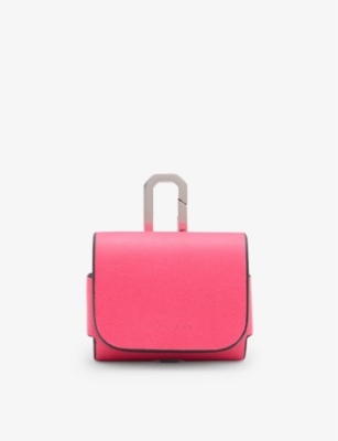 Shop Allsaints Women's Hot Pink Logo-debossed Leather Airpod Case