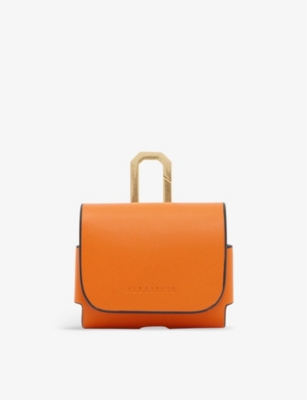 Shop Allsaints Women's Pyrole Orange Logo-debossed Leather Airpod Case