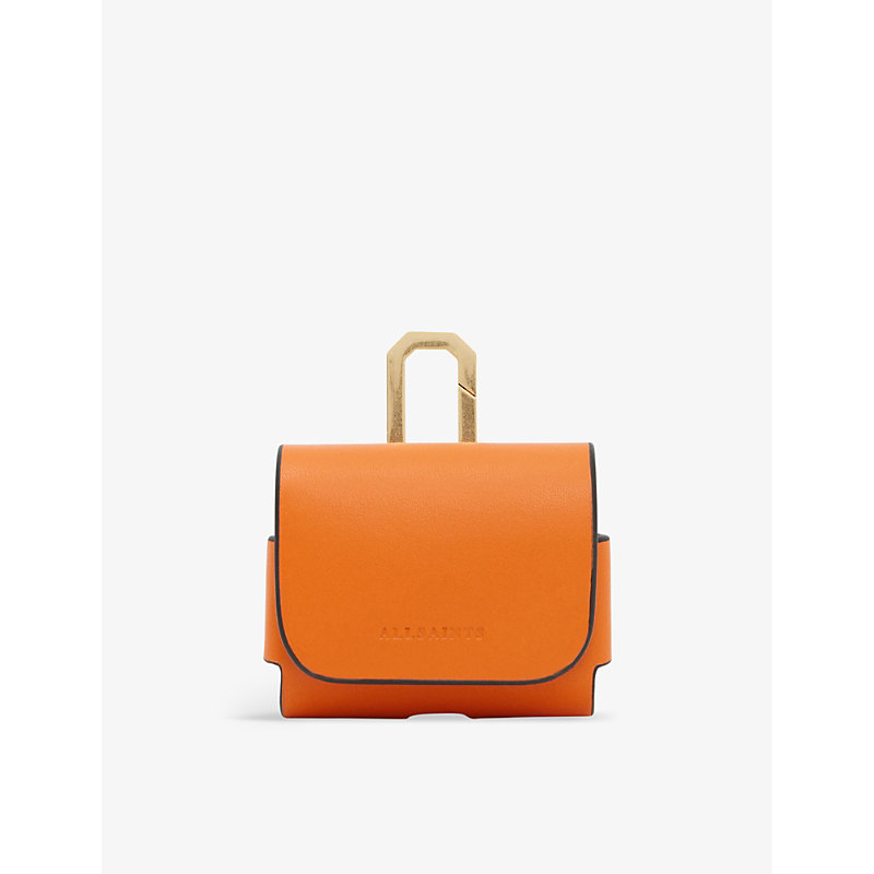Allsaints Logo-debossed Leather Airpod Case In Pyrole Orange