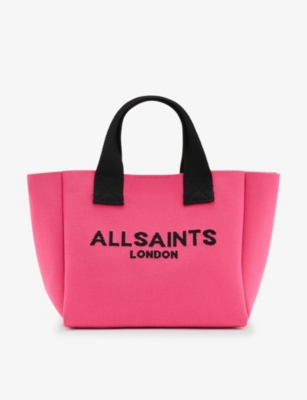 Shop Allsaints Women's Hot Pink Izzy Branded-logo Mini Knitted Tote Bag