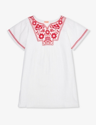 Sunuva Embroidered Folk Cotton Dress 2-12 Years In White/red