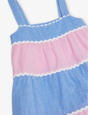 Shop Sunuva Girls Pink/blue Kids Gingham-print Tiered Cotton-poplin Dress 2-14 Years