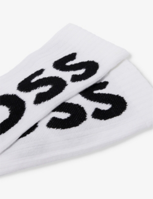 Shop Hugo Boss Branded Crew-length Stretch Cotton-blend Socks In White