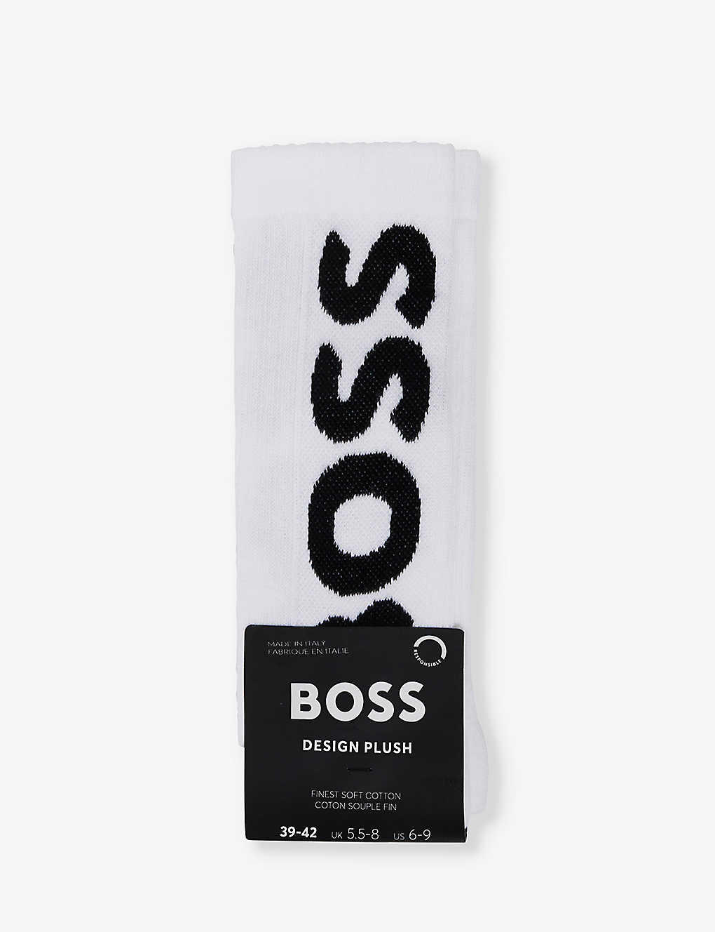Hugo Boss Boss Mens White Branded Crew-length Stretch Cotton-blend Socks