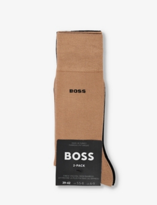 HUGO BOSS BOSS MEN'S MEDIUM BEIGE BRANDED PACK OF TWO STRETCH-BAMBOO BLEND SOCKS