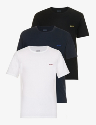 Hugo Boss Pack Of 3 White Navy And Black Cotton Logo Embroidered T Shirts