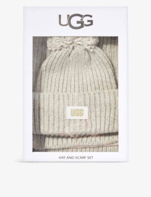 Ugg Womens Light Grey Pom Pom Brand-patch Knitted Hat And Scarf Set