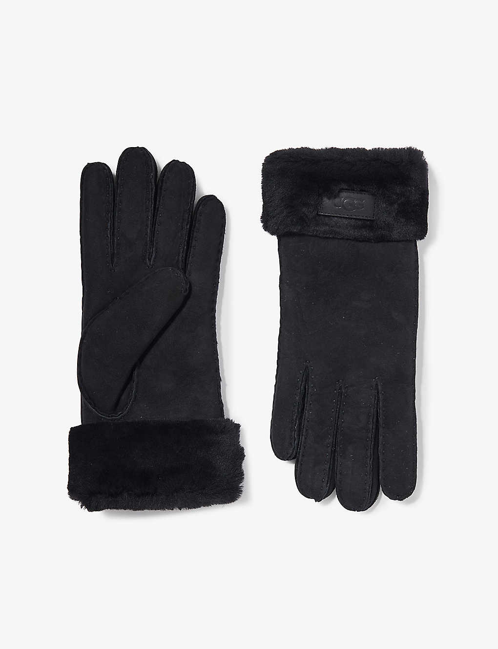 Shop Ugg Women's Black Logo-patch Suede And Shearling Gloves