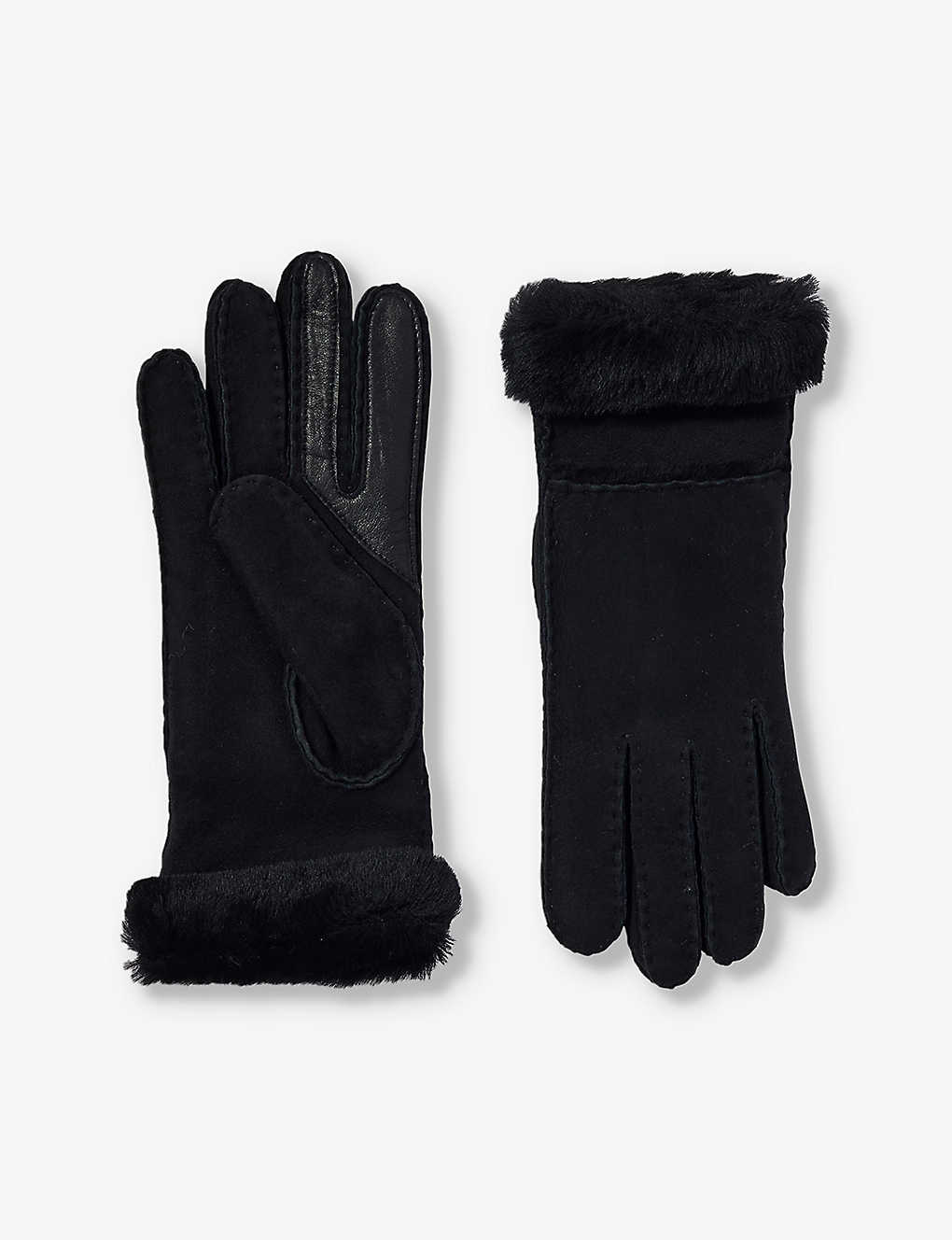 Ugg Womens Black Turn-cuff Suede And Shearling Gloves
