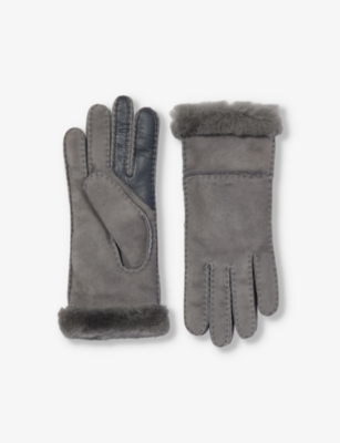 Shop Ugg Womens Metal Turn-cuff Suede And Shearling Gloves