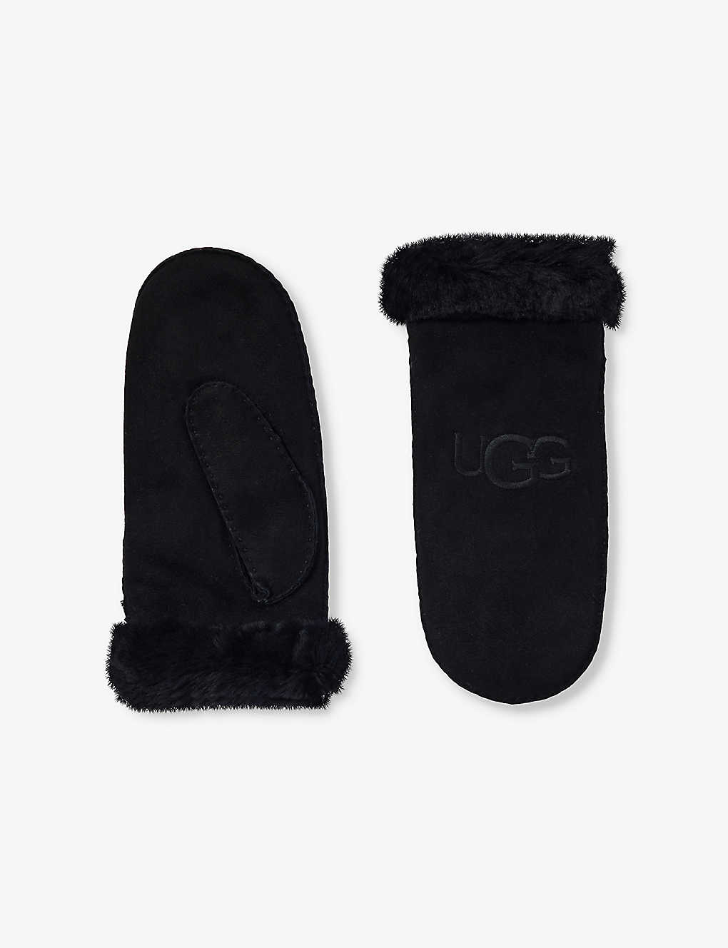 Ugg Logo-embroidered Shearling Mittens In Black
