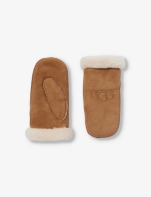 Ugg Womens Chestnut Logo-embroidered Rounded Suede And Shearling Mittens In Chestnut