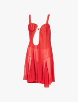Nensi Dojaka Womens Red Red Godet Asymmetric Silk Mini Dress