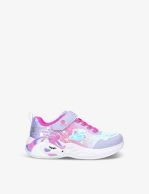 Shop Skechers Unicorn Dreams Light-up Metallic-woven Trainers 4-9 Years In Lilac