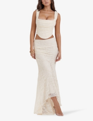 Shop House Of Cb Women's Vintage Cream Therese Asymmetric-hem Stretch-lace Maxi Skirt