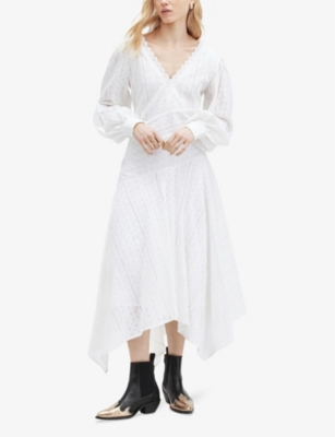 Allsaints Aviana V-neck Broderie Maxi Dress In Off White