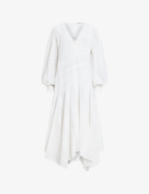 Allsaints Aviana V-neck Broderie Maxi Dress In Off White