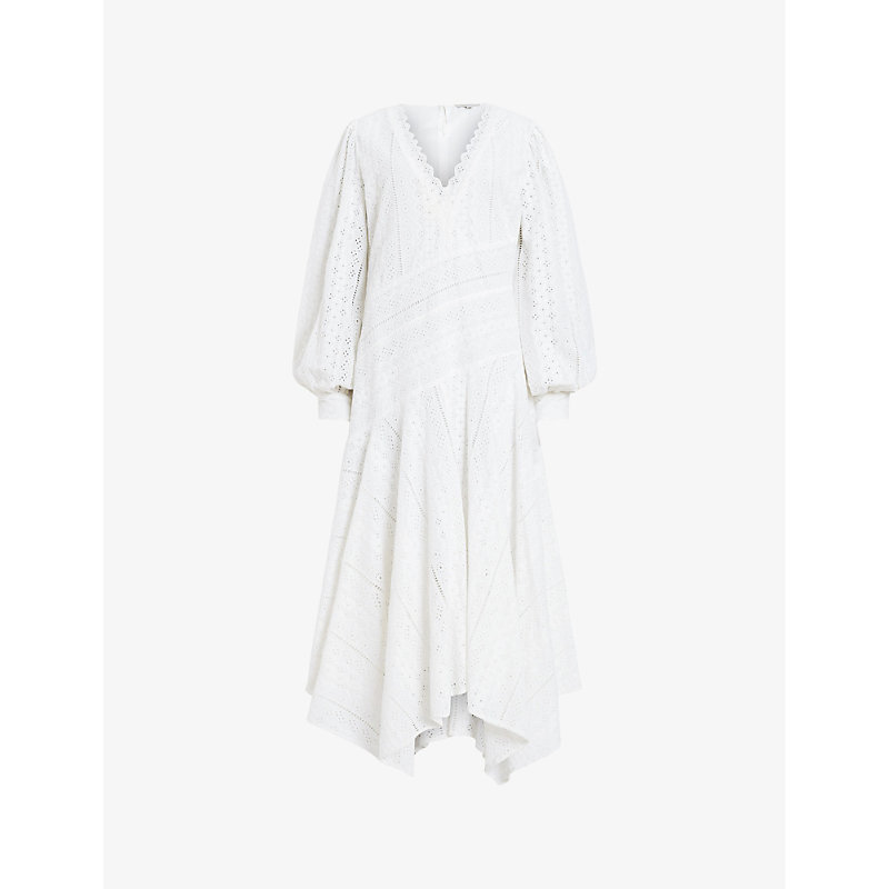 Shop Allsaints Women's Off White Aviana Broderie Organic-cotton Maxi Dress