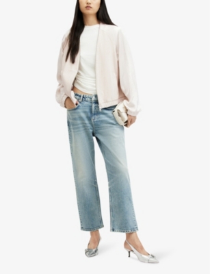 Shop Allsaints Helton Round-neck Contrast-sleeve Leather Bomber Jacket In Off White