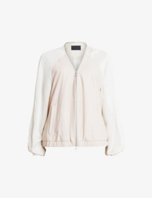 Shop Allsaints Helton Round-neck Contrast-sleeve Leather Bomber Jacket In Off White