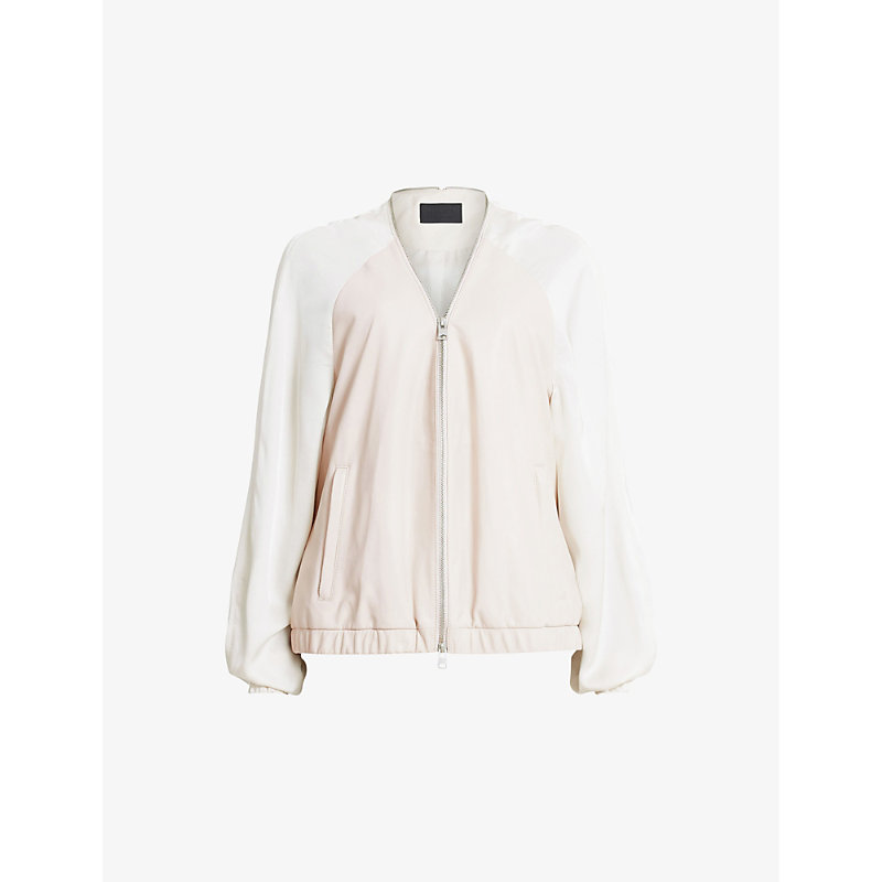 Shop Allsaints Womens Off White Helton Round-neck Contrast-sleeve Leather Bomber Jacket