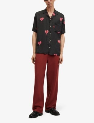 Shop Allsaints Men's Jet Black Ikuma Heart-print Relaxed-fit Woven Shirt