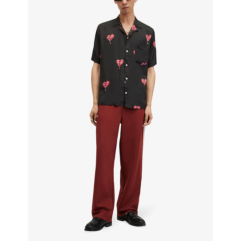 Shop Allsaints Ikuma Heart-print Relaxed-fit Woven Shirt In Jet Black
