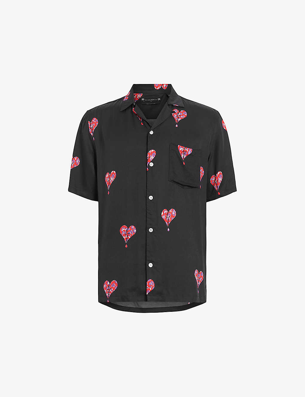 Shop Allsaints Men's Jet Black Ikuma Heart-print Relaxed-fit Woven Shirt