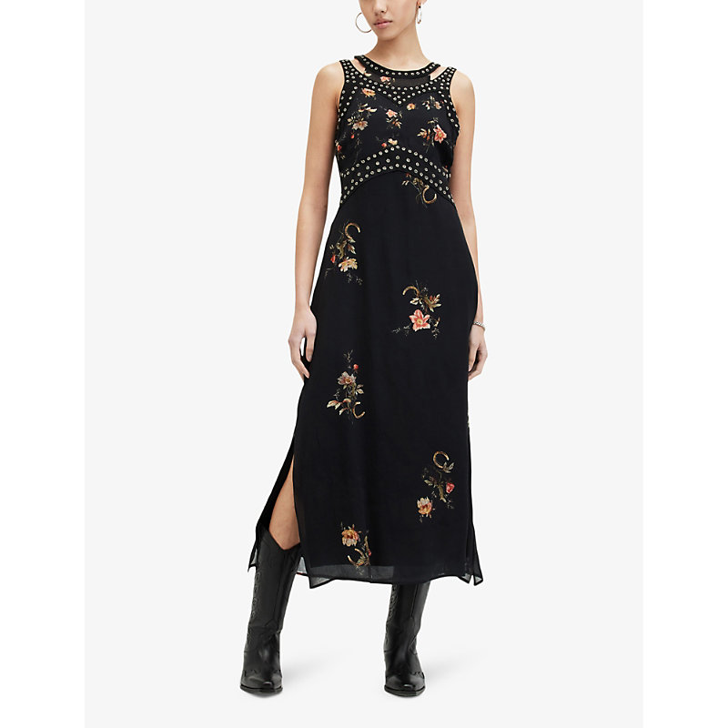 Shop Allsaints Womens Jet Black Jessie Tanana Floral-print Stud-embellished Woven Midi Dress