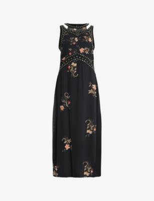 Allsaints Jessie Tanana Floral Print Maxi Dress In Jet Black
