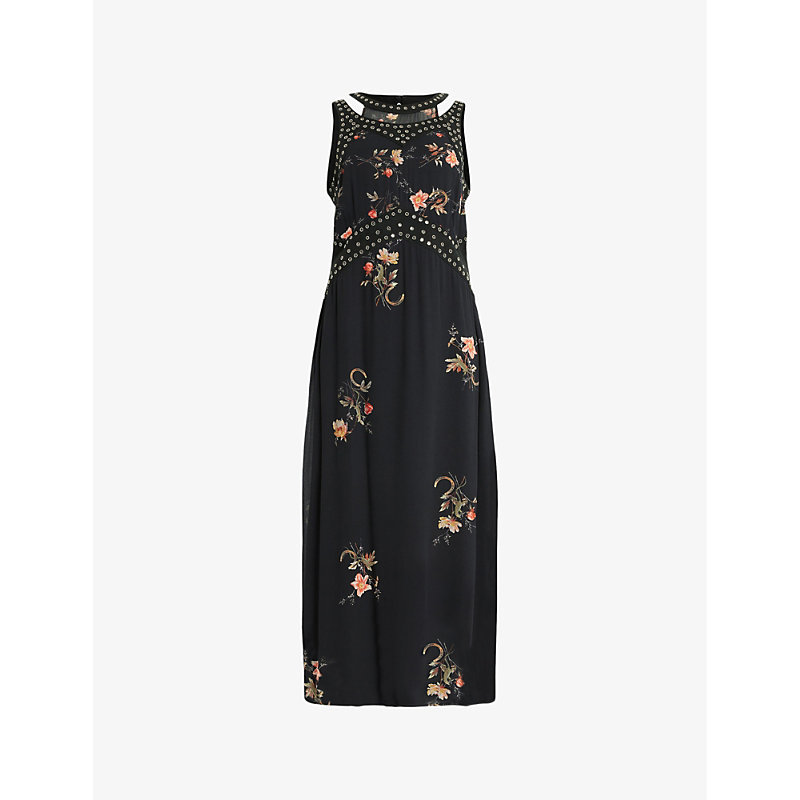 Shop Allsaints Womens Jet Black Jessie Tanana Floral-print Stud-embellished Woven Midi Dress