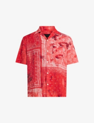 Shop Allsaints Men's Apple Red Tijuana Banana-print Relaxed-fit Organic-cotton Shirt
